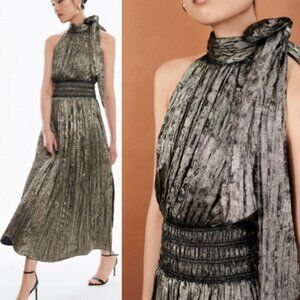 NWT BCBG MAXAZRIA Xenia Metallic Pleated Halter Neck Maxi Dress